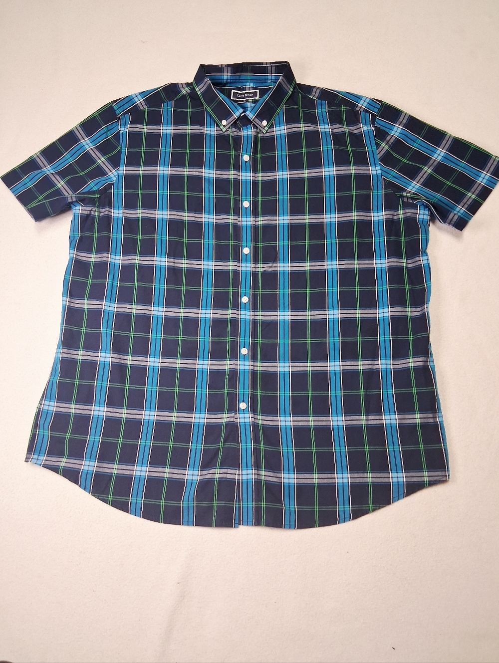 Club Room Navy Plaid Short Sleeve Button-Down Shirt with Blue and Green Stripes